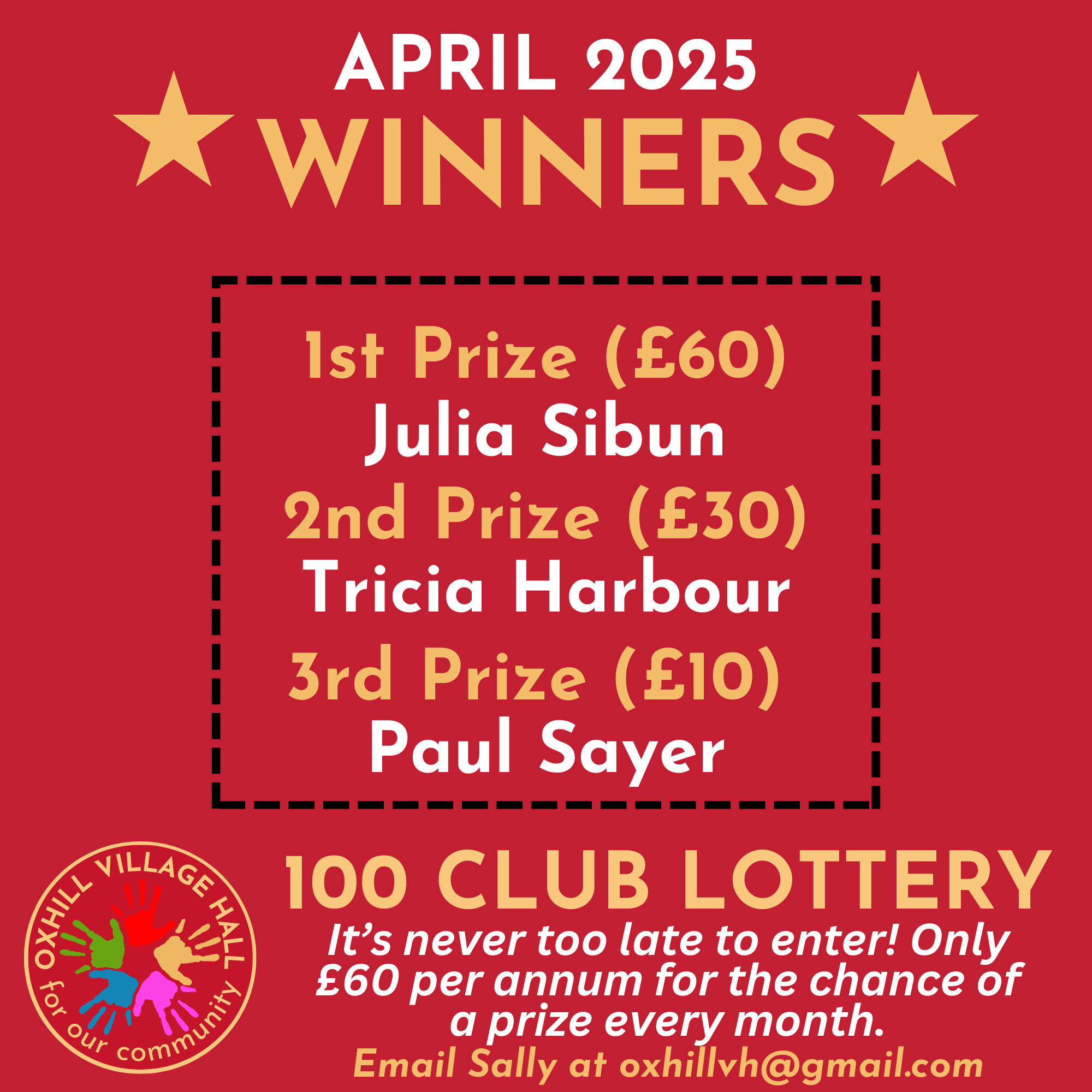 100 CLUB LOTTERY MASTER April winners